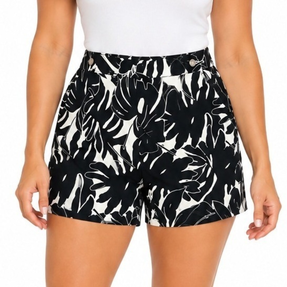 Rafaella Stretch Shorts Womens 14 Black White Monstera Tropical Print High Rise